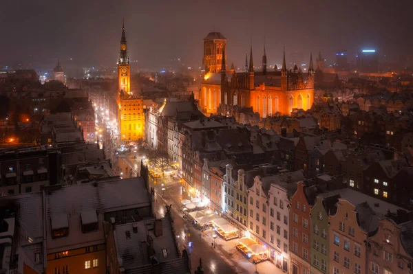 Nocne Widoki Głównego Miasta Gdańska Opadach Śniegu Polska — Zdjęcie stockowe