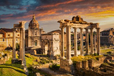 Beautiful scenery of the Roman Forum at sunset, Rome. Italy