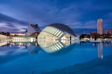Valencia, Spain - January 20, 2023: The Hemisferic Planetarium in the City of Arts and Sciences at dusk in Valencia. Spain