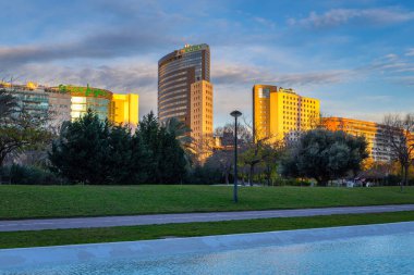 Valencia, Spain - January 19, 2023: Beautiful cityscape of Valencia with modern buildings at the park. Spain