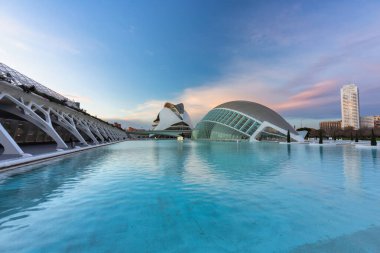 Valencia, Spain - January 19, 2023: Amazing architecture of the City of Arts and Sciences at sunset in Valencia. Spain