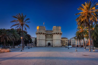 Beautiful Torres de Serranos 14th century gate to the city of Valencia, Spain