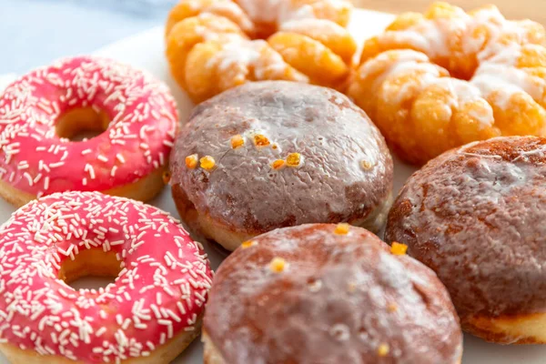 Set Donuts Plate Glazed Frosting Pink Icing Sprinkles — Stock Photo, Image