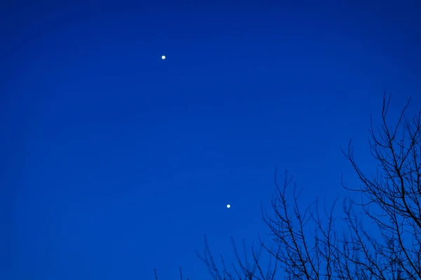Conjuncția Dintre Venus Jupiter Cerul Albastru Polonia — Fotografie, imagine de stoc