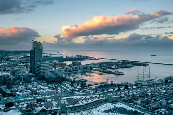 Úžasná Letecká Krajina Gdyně Baltského Moře Při Západu Slunce Polsko — Stock fotografie