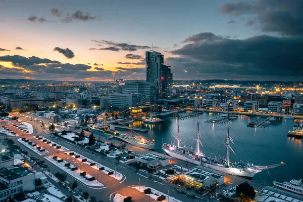 Amazing Aerial Cityscape Gdynia Baltic Sea Dusk Poland — Stock Photo, Image