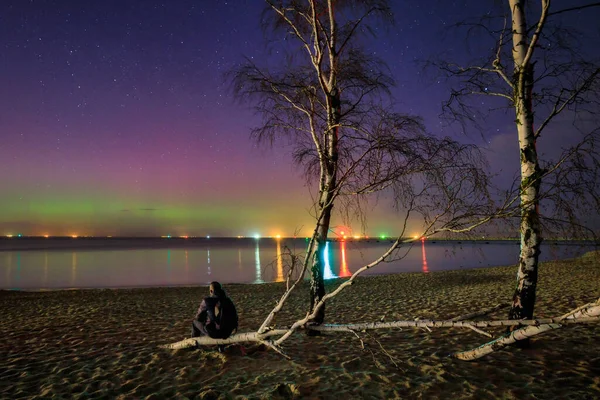 Man Watching Aurora Baltic Sea Gdansk Poland — Stock Photo, Image