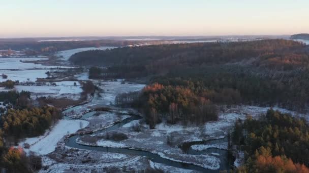 Snowy Radunia River Meanders Zachodzie Słońca Kaszuba Polska — Wideo stockowe