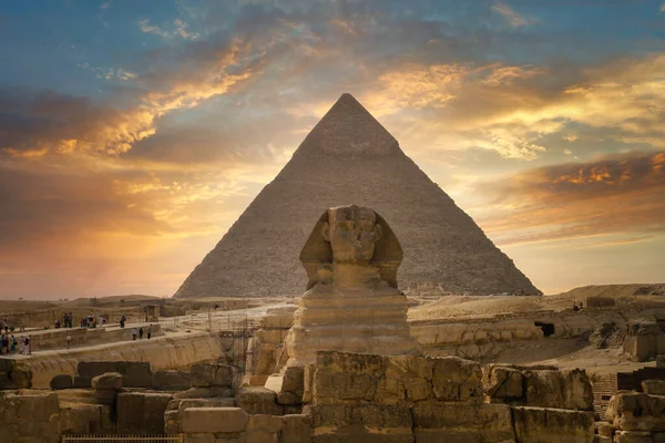 Den Stora Sfinxen Giza Och Pyramiden Khafreat Solnedgång Egypten — Stockfoto