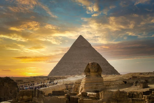 Grote Sfinx Van Gizeh Piramide Van Khafreat Zonsondergang Egypte — Stockfoto