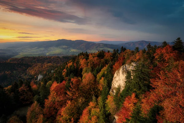 Krásný Západ Slunce Pieninských Horách Podzim Polsko — Stock fotografie
