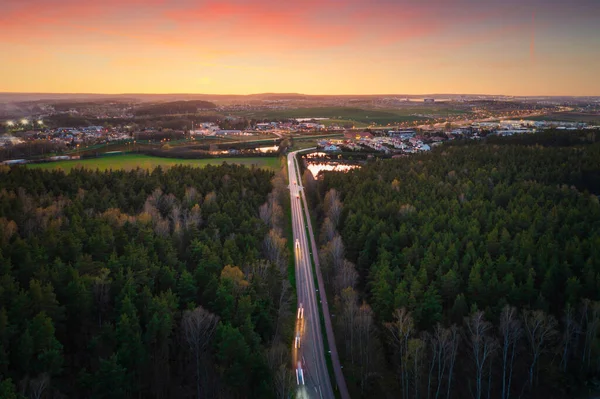 Weg Door Het Bos Bij Zonsondergang Polen — Stockfoto