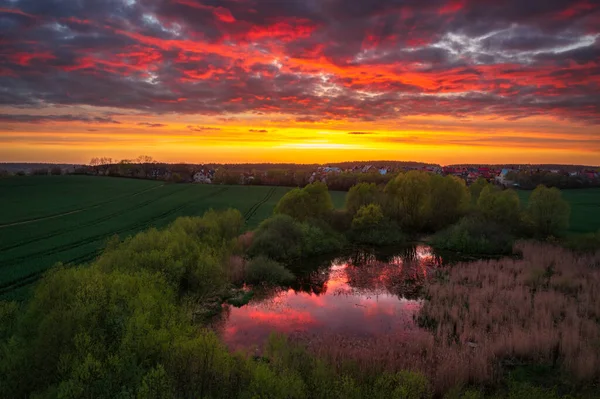 在波兰罗特曼卡的春天的田野上 夕阳西下 — 图库照片