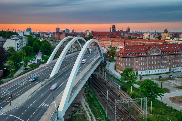 Ponte Danzica Tramonto Polonia — Foto Stock