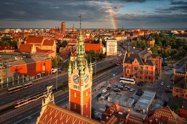 Gdansk, Poland - July 6, 2023: The Main Town of Gdansk at sunset with the rainbow, Poland