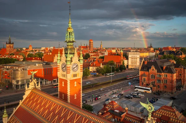 Головне Місто Гданськ Заході Сонця Веселкою Польща — стокове фото