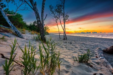 Polonya 'nın Gdansk kentindeki Baltık Denizi' nde inanılmaz bir gün batımı.