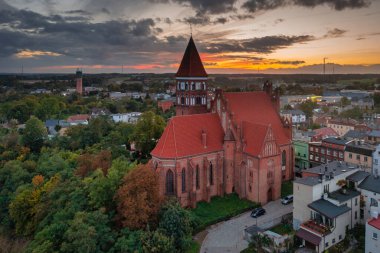 Aerial view of the old town with the Teutonic castle and the church in Nowe by the Vistula river. Poland