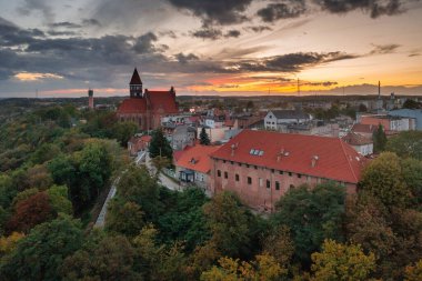 Aerial view of the old town with the Teutonic castle and the church in Nowe by the Vistula river. Poland