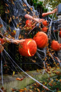 Çitteki korkunç Cadılar Bayramı süslemeleri. Polonya