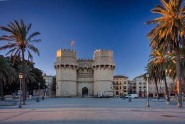 Beautiful Torres de Serranos 14th century gate to the city of Valencia, Spain