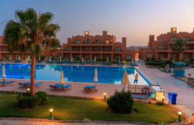 Marsa Alam, Egypt - May 11, 2023: Beautiful gardens of the Akassia Swiss Resort by the Red Sea in Marsa Alam, Egypt.