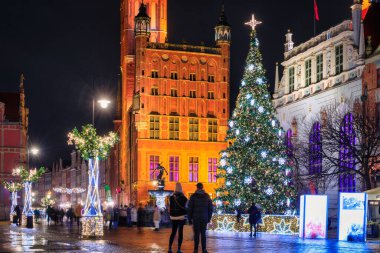 Gdansk, Poland - December 14, 2023: Christmas tree on the historic center of Gdansk at the Neptune Fountain, Poland.