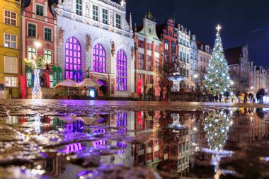 Gdansk, Poland - December 14, 2023: Christmas tree on the historic center of Gdansk at the Neptune Fountain, Poland.