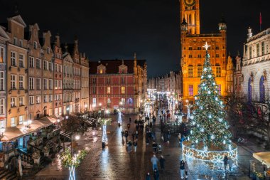 Gdansk, Poland - December 14, 2023: Christmas tree on the historic center of Gdansk at the Neptune Fountain, Poland.