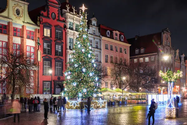 Gdansk Poland December 2023 Christmas Tree Historic Center Gdansk Neptune — Zdjęcie stockowe