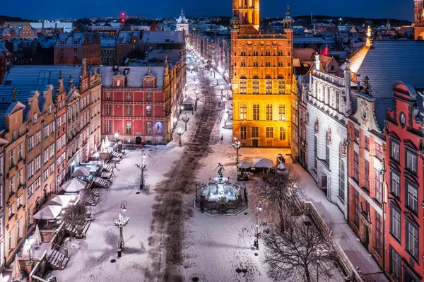 Gdansk Poland November 2023 Winter Snowfall Historic Center Gdansk Neptune — Stock Photo, Image