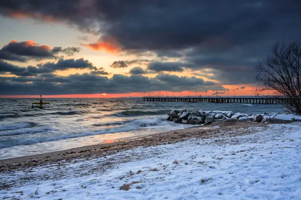 Paisagem Inverno Costa Mar Báltico Gdynia Orlowo Nascer Sol Mar — Fotografia de Stock