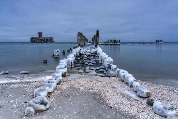 Gün Batımında Babie Doly Donmuş Baltık Denizi Plajı Gdynia Polonya — Stok fotoğraf