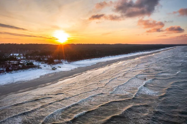 Pôr Sol Inverno Sobre Mar Báltico Jantar Polônia — Fotografia de Stock