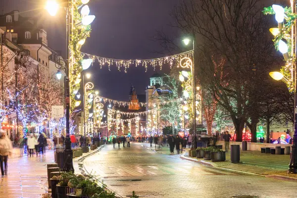 波兰瓦尔斯泽 2024年1月27日 波兰黄昏时华沙街道上的圣诞灯饰 免版税图库图片