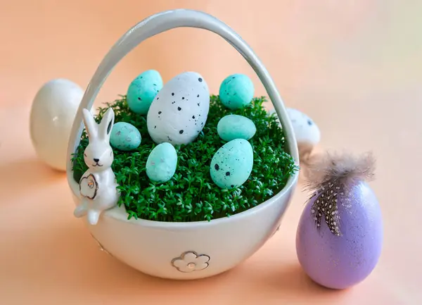 Porcelain Basket Cress Easter Eggs Pastel Background Stock Image