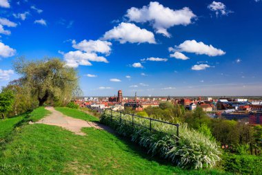 Güzel çiçek açan ağaç ve baharda ana şehir Gdansk, Polonya