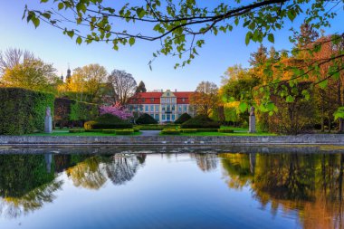İlkbahar parkında çiçek açan ağaçlar, Gdansk Oliwa. Polonya