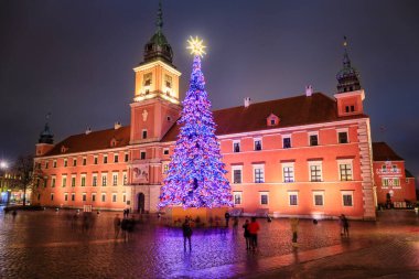 Warszawa, Polonya - 27 Ocak 2024: Polonya, Varşova sokaklarında Noel ışığı süslemeleri.