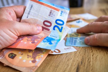 Masanın üzerinde avroya ait farklı banknotlar var.