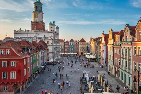 Poznan, Polonya - 20 Temmuz 2024 Poznan 'daki Eski Pazar Meydanı' nın gün batımında inanılmaz mimarisi. Polonya