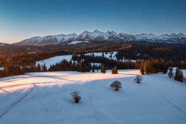 Tatra Dağları 'nın altındaki çayırda kış gündoğumu. Polonya
