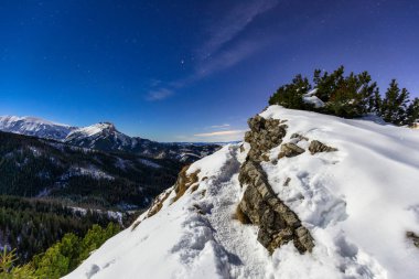 Kışın Tatras 'ta bir patikanın gece manzarası. Polonya