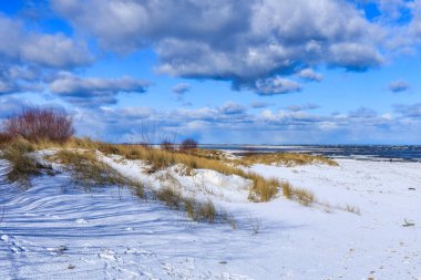 Karlı kışta Mikoszewo 'daki Baltık Denizi plajının manzarası. Polonya