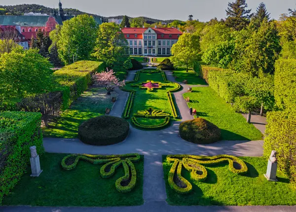 İlkbahar parkında çiçek açan ağaçlar, Gdansk Oliwa. Polonya