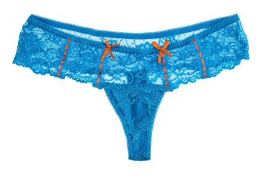 Blue lace thong with bow, ladies panties isolated over white