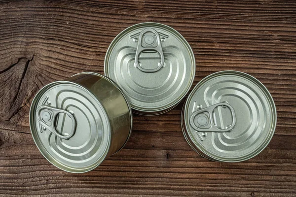 Tin Cans Food Dark Rustic Wooden Background — Stock Photo, Image