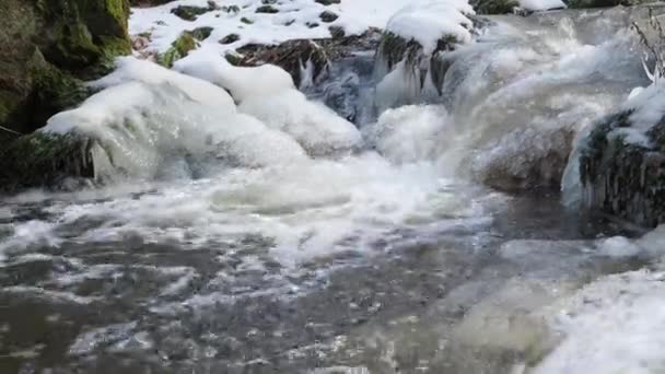 Lente Ontdooit Waterstroomversnellingen Het Voorjaarsseizoen Wanneer Ijs Sneeuw Smelten — Stockvideo