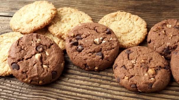 Různé Chutné Cookies Sušenky Dřevěné Pozadí — Stock video