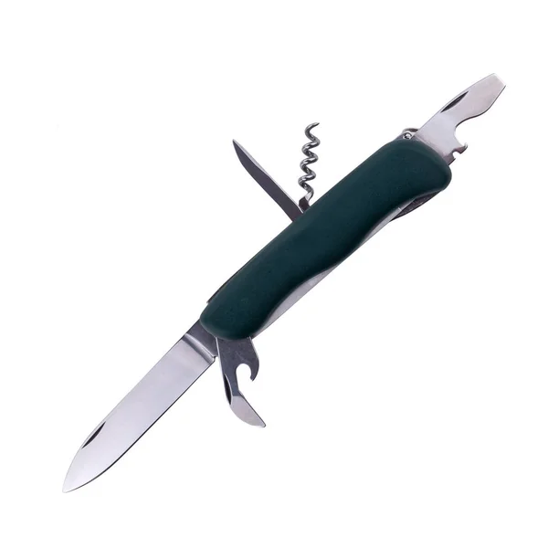 緑のスイスナイフ 白い背景に隔離された多目的ナイフ — ストック写真